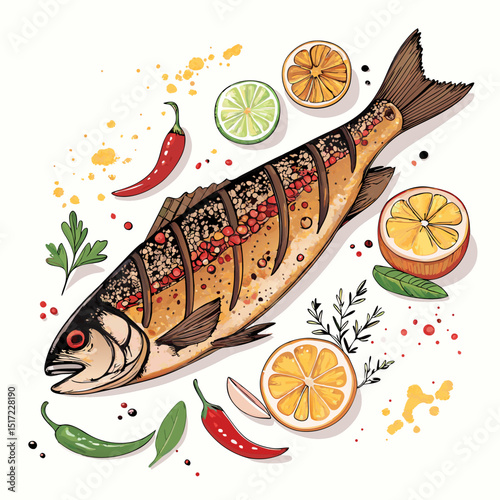 Create a bold vector illustration of a grilled fish with a visible grill mark (1).  Include detailed scales and smoky texture.