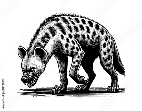 Detailed Engraving Illustration of a Hyena in Black and White with Spotted Fur