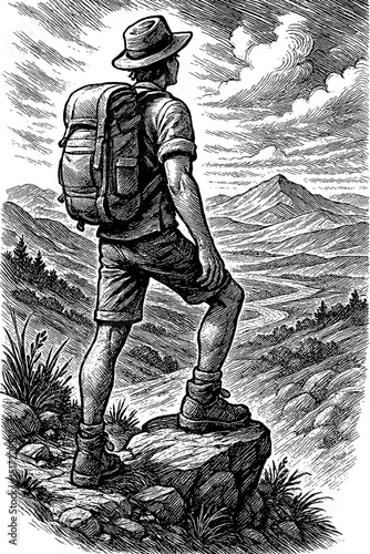 Man with backpack standing on rock looking at mountain landscape in detailed engraving art