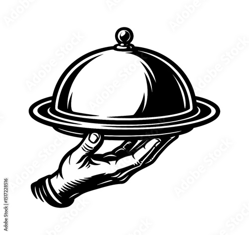 Elegant Black and White Graphic of a Hand Holding a Cloche Food Service Serving Dish