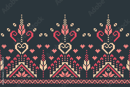 Cross stitch pattern concept showcasing traditional ethnic geometric pattern, Design for textile, background,carpet,wallpaper,clothing,wrapping,Batik,fabric,Vector illustration	
