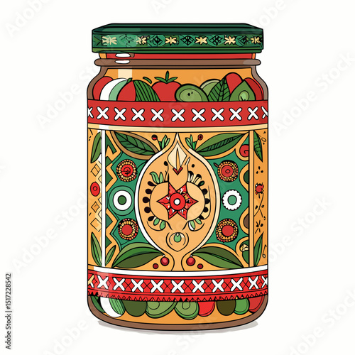 Create a vector illustration of a bold-stroked jar filled with pickled vegetables, emphasizing texture and detail.  Include vibrant colors and realistic shading.