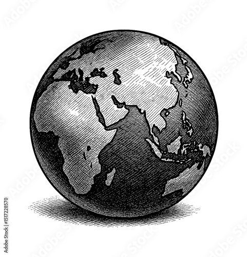 Vintage Engraved Style Globe Featuring Continents and Oceans Detailed Black and White Drawing