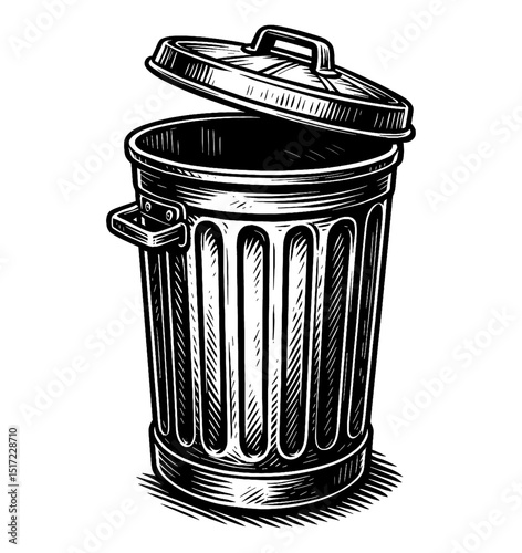 Monochrome illustration of a metal trash can with an open lid in engraved style