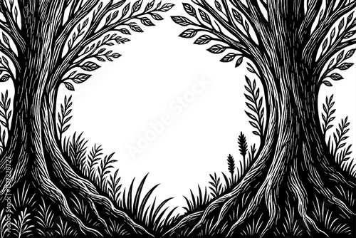 Black and White Woodcut Illustration of Trees Forming a Frame for Text