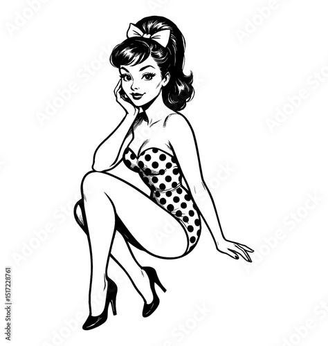 Attractive pinup woman sitting in polka dot swimsuit and heels in line art style