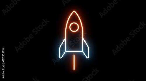 Futuristic digital glowing neon rocket launch icon isolated on a black background .
