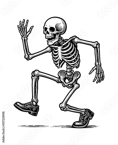 Skeleton Walking and Waving Hand Wearing Shoes in Detailed Black and White Line Art