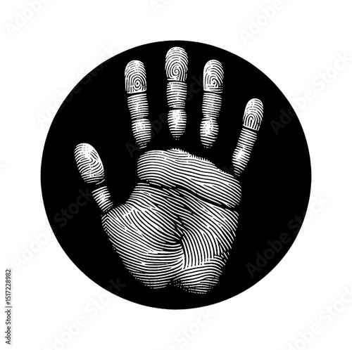 Engraved Handprint in Black Circle Vector Illustration Graphic Design Element