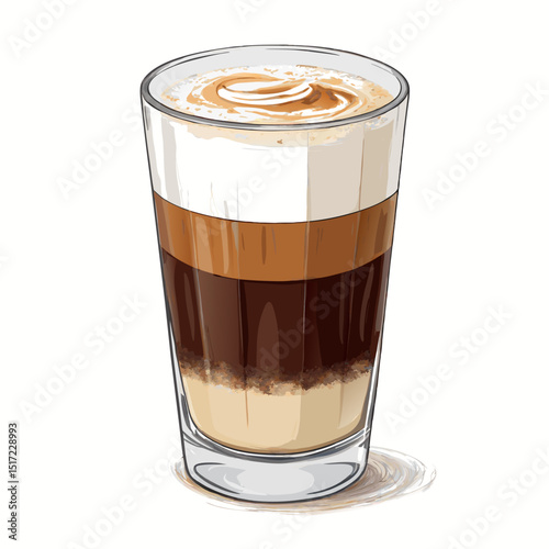 Create a bold, layered vector illustration of a coffee drink, emphasizing texture and depth with thick strokes.  Include crema, espresso, and milk layers.