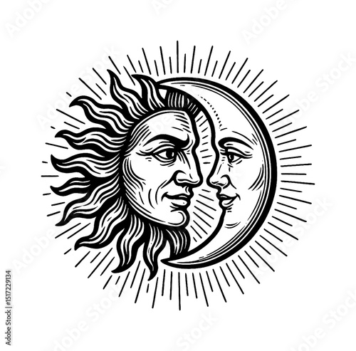 Engraved Style Image of Sun and Moon Faces with Radial Lines on White Background