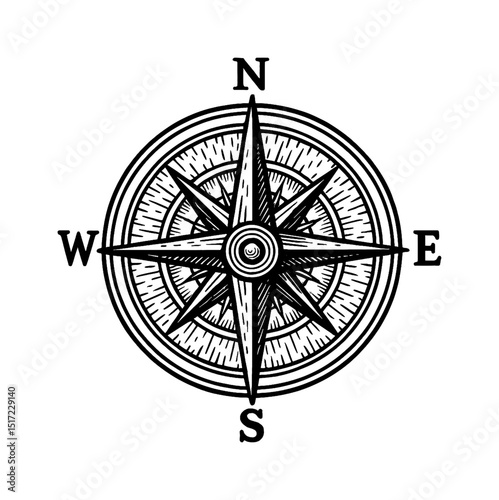 Detailed Compass Rose Engraving with Cardinal Directions and Intricate Hatching