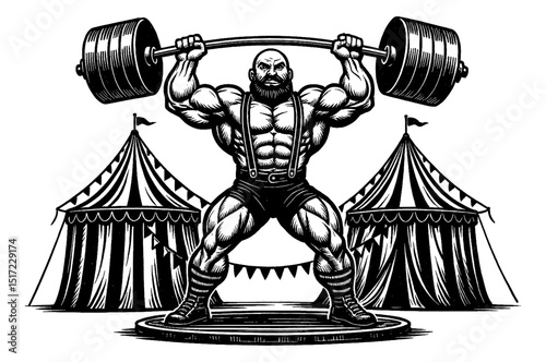 Strongman lifting heavy barbell in circus, classic old vintage black and white engraving