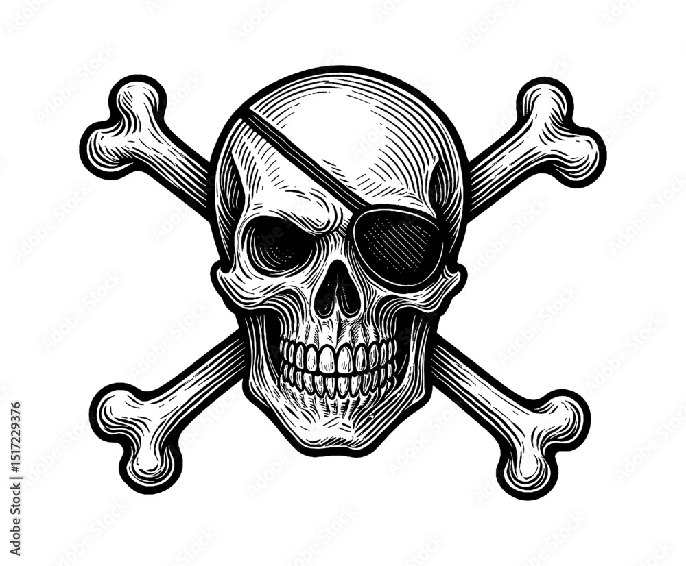 Fototapeta premium Skull with Eye Patch and Crossbones Engraved Illustration Detailed Vector Art