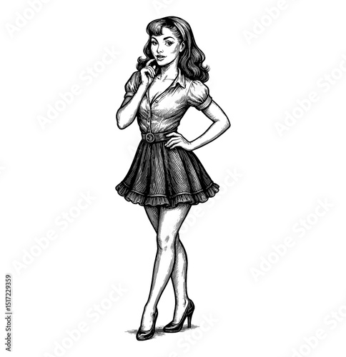 Elegant Pinup Woman in Short Skirt and Heels Posing with Hand on Hip in Detailed Engraving