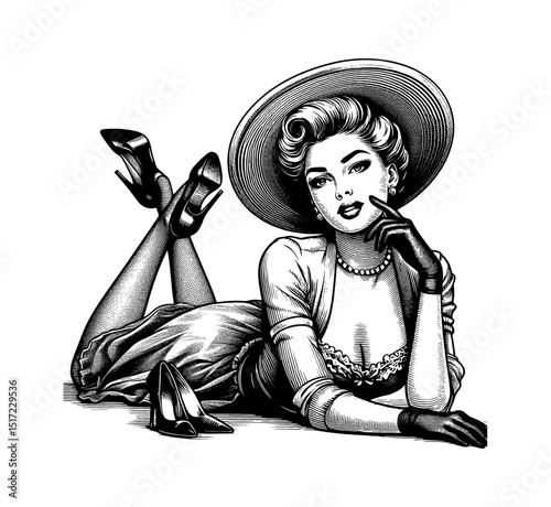 Elegant Woman in Hat Lying Down with Hand on Chin in Detailed Black and White Pinup Art