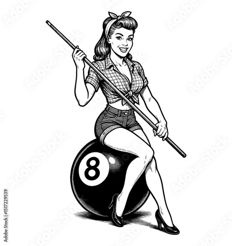 Smiling Pinup Woman Sitting on Eight Ball Holding Pool Cue in Black and White Illustration
