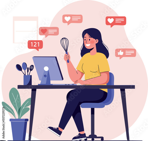 Woman cooking online with social media likes and comments in yellow shirt vector illustration 