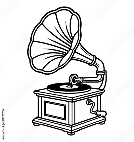 Vintage Gramophone Record Player in Black and White Line Art Detailed Engraving Style Illustration