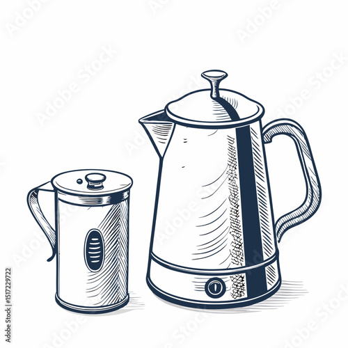 Create a bold, vector illustration of a milk frother, emphasizing its metallic texture and handle. Include stylized steam.