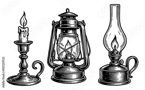 Vintage Lanterns and Candle Engraved Black and White Illustration of Three Different Kinds of Lamps