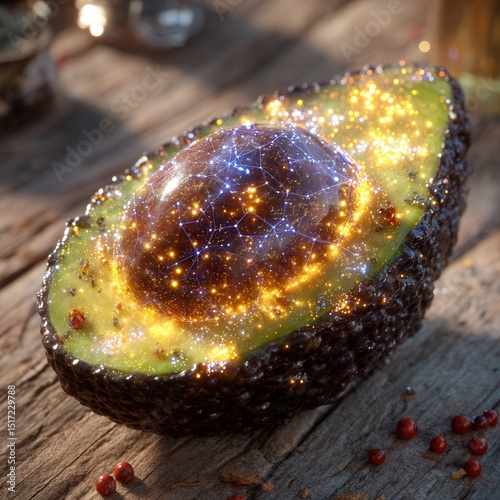 Sliced avocado with embedded microchips and soft glowing LEDs in seed area, blending rustic charm with futuristic AI symbolism under natural light.
