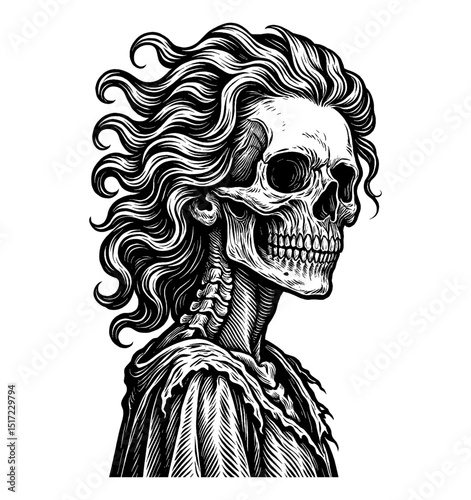 Detailed black and white engraving of a skull with long wavy hair. 