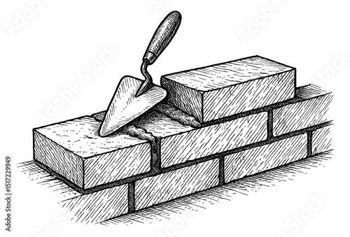 Illustration of Bricklaying with Trowel and Mortar in Black and White Detailed Sketch