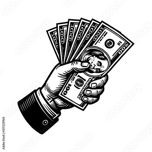 Hand Holding Stack of Hundred Dollar Bills in Black and White Vector Illustration