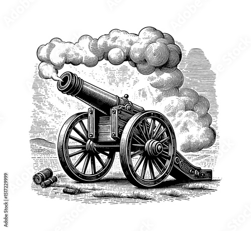 Engraved illustration of a cannon firing with smoke on a grassy field, war machine