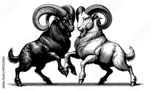 Engraving Illustration of Two Rams Interacting with Intricate Detail in Black and White
