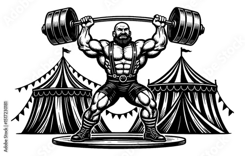 Strongman lifting barbell with circus tents black and white detailed engraving illustration