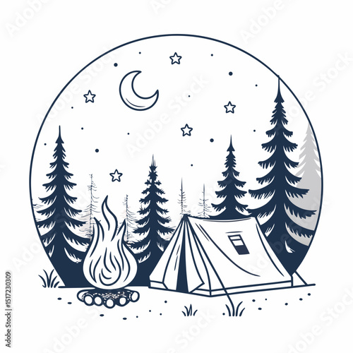 Design a bold, vector illustration of a nighttime campfire with thick, black strokes.  Include glowing embers and realistically rendered flames.