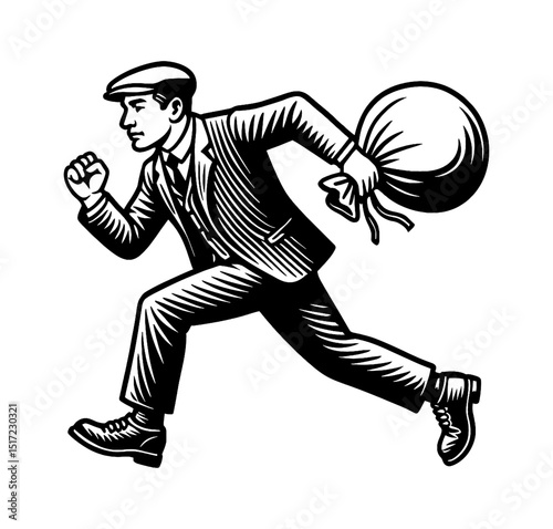 Monochrome Illustration of Man Running with Sack in Hand with Engraved Art Style