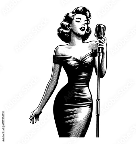Elegant Woman Singing into Microphone in Black Dress Vintage Engraving Illustration