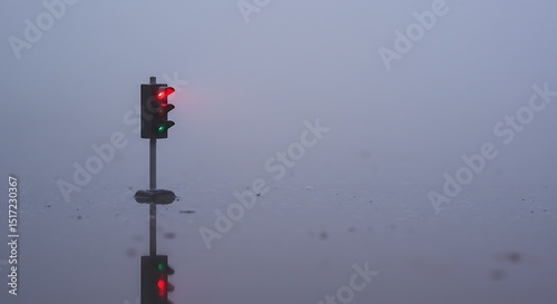 Foggy Intersection Traffic Light Reflecting in Puddles