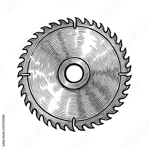 Circular saw blade in detailed engraving style vector illustration