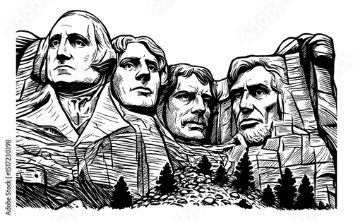 Mount Rushmore National Memorial Carved into Mountain Side in Black and White Engraving