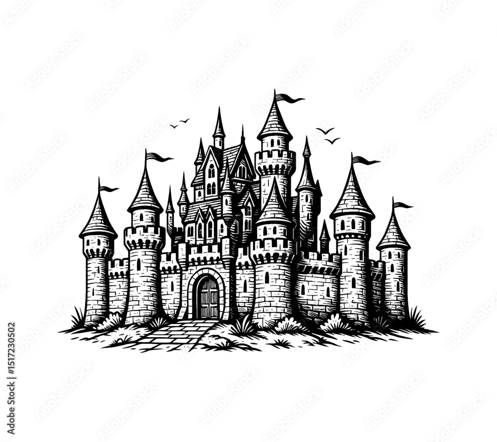Obraz premium Detailed Black and White Engraving of a Medieval Castle with Multiple Towers and Flags