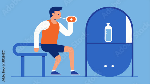 Hydration Station A vector of an athlete outside the hyperbaric chamber sipping water and stretching indicating the importance of hydration posttherapy.
