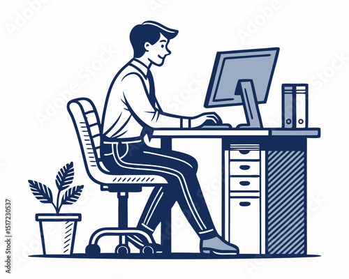 Create a bold, vector illustration of a seated office worker, emphasizing strong outlines and clean lines.  Include modern office attire.