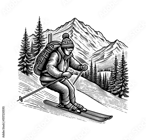 Man Skiing Downhill in Mountain Landscape with Trees in Engraved Vintage Black and White Style