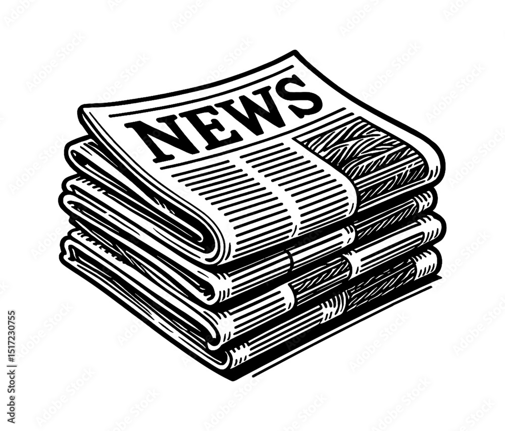 Stack of Newspaper Illustration with Headline News in Black and White Drawing