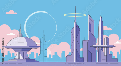 Futuristic city skyline with modern buildings and flying saucer spaceship vector illustration 