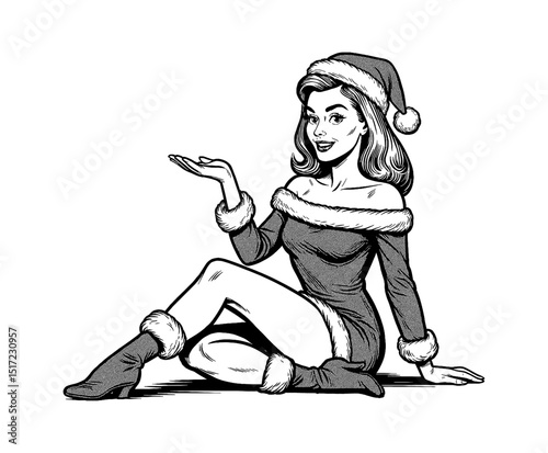 Pinup woman in Santa dress sitting and presenting something on her hand in illustration