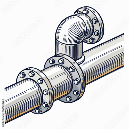 Create a bold, vector illustration of an industrial pipeline connection, emphasizing strong, thick strokes and sharp angles.  Show multiple pipes joining.