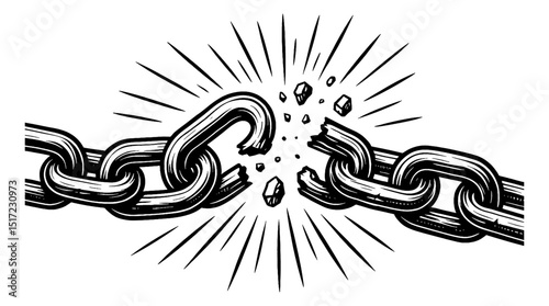 Broken Chain Illustration with Rays of Light in Black and White Vector Graphic