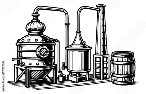 Distillery equipment with pipes, tanks and barrel in vintage engraving style in black and white