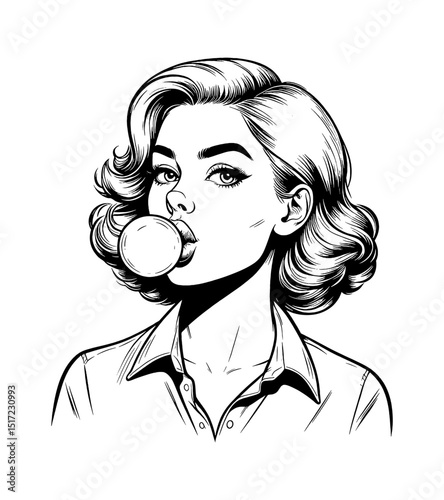 Vintage Woman Blowing Bubble Gum with Flirty Expression in Black and White Line Art
