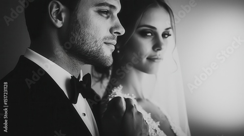 Groom adjusting his bow tie while bride watches lovingly, candid prewedding moment, classic elegance